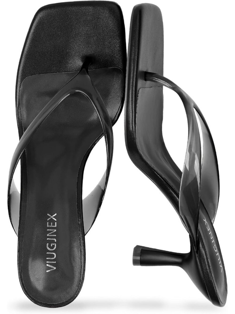 Women's Pvc Black Square Open Toe Low Kitten Heel Flip Flop Slip On Slide Shoes